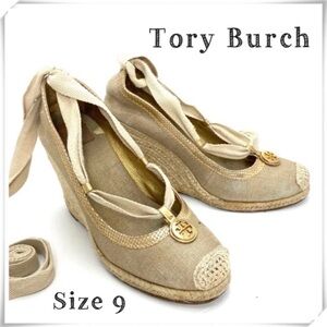 TORY Burch Canvas Lace up Ankle Espadrilles Wedge Heel In Gold Size 9